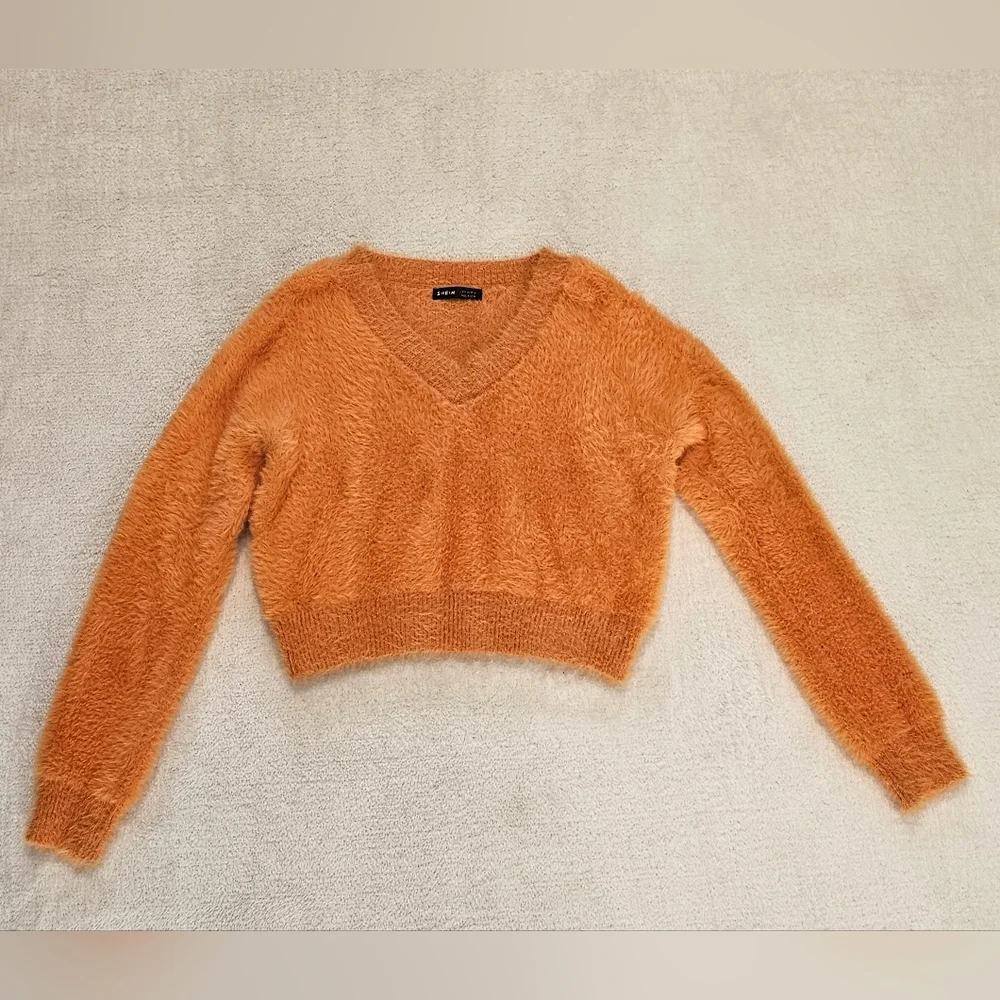 NEW Shein Orange Cropped Fuzzy Sweater Size M Cozy Colorful Knit Y2K Fall Casual - Picture 2 of 8